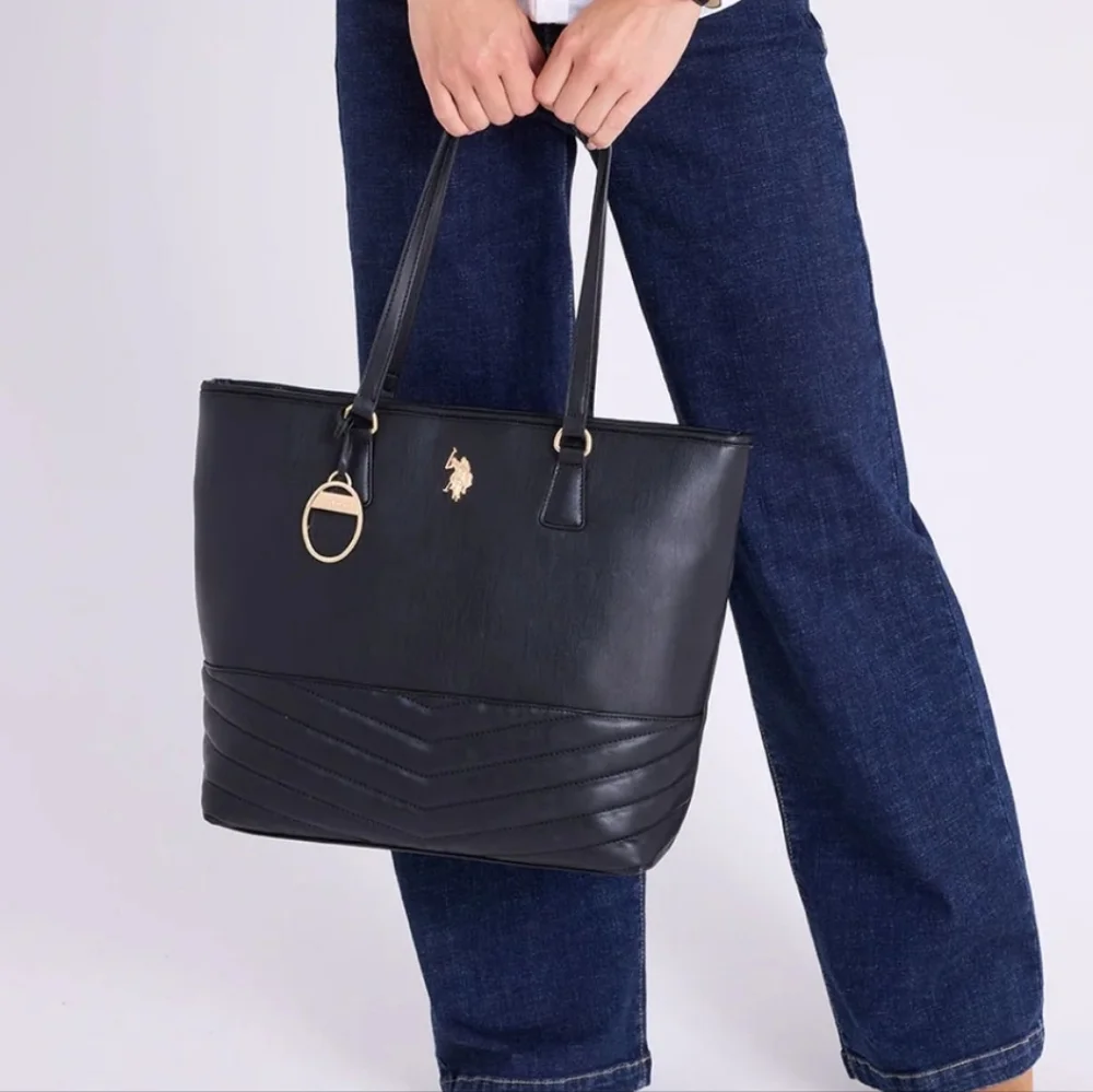 U.S. Polo Assn. Black Quilted-Base Tote with Gold Emblem